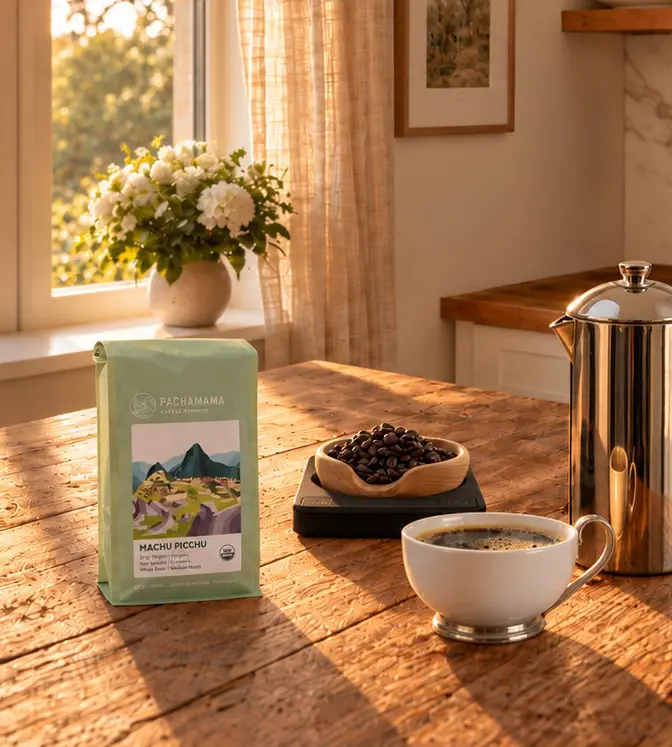 A bag of Pachamama Machu Picchu coffee on a sunlit wooden table beside beans on a scale, a stainless French press and a cup of black coffee, hydrangeas at the window behind.