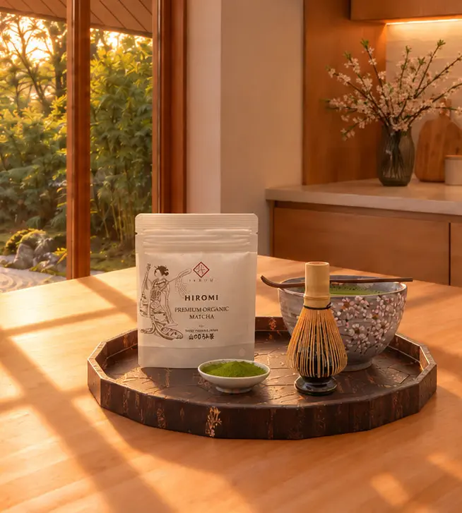 A pouch of Hiromi premium organic matcha on a carved wooden tray beside a dish of sifted powder, a bamboo whisk and a bowl of matcha, a Japanese garden through the open doors.