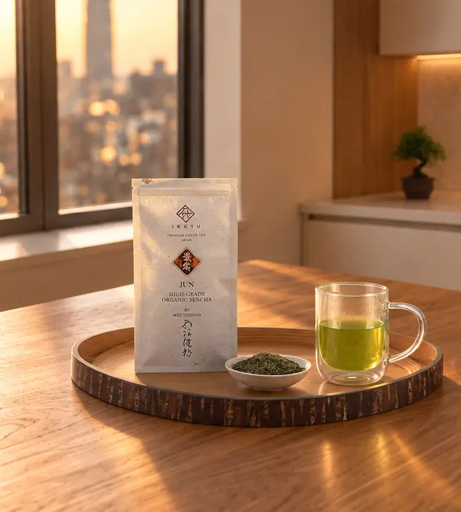 A pouch of Ikkyu Jun organic sencha on a wooden tray beside a dish of loose leaves and a glass mug of brewed green tea, a city skyline at golden hour beyond the window.